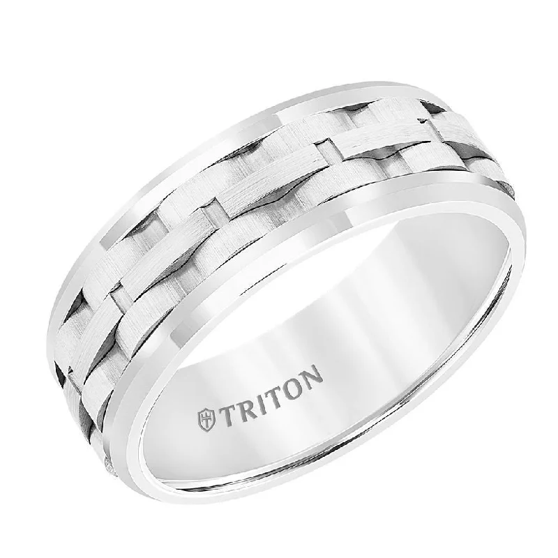 classic engagement rings for women-WHITLEY White Tungsten Polished Beveled Wedding Band with Brushed Link Design by Triton Rings - 8mm