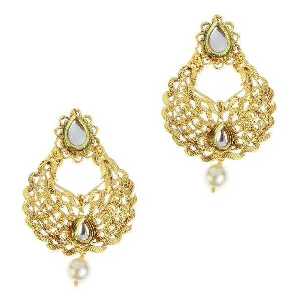 statement earrings for women-Kriaa Gold Plated Kundan Pearl Drop Dangler Earring - 1307222