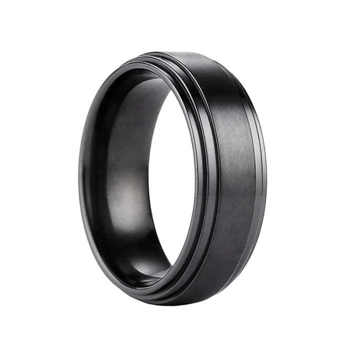 modern solitaire engagement rings for women-BLAKE Black Titanium Wedding Band with Raised Satin Center by Benchmark Rings - 8mm