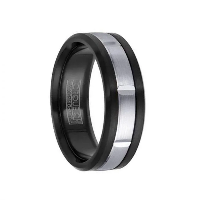 custom wedding rings for women-Men’s 14k White Gold Inlaid Brushed Black Cobalt Wedding Band with Cut Accents - 7.5mm