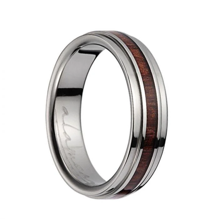 contemporary engagement rings for women-Titanium Polished Wedding Band With Pink Ivory Inlay & Stepped Edges - 6mm & 8mm