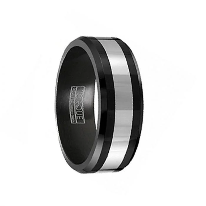 modern engagement rings for women-Tungsten Carbide Two-Toned Wedding Band with Polished White Ceramic Inlay - 8mm