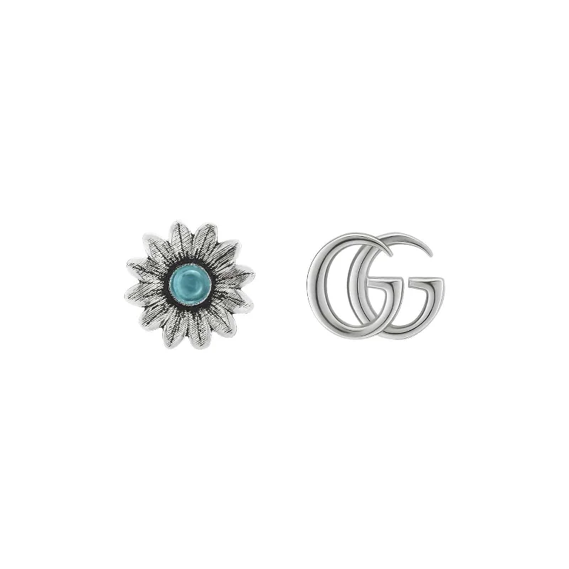 luxury hoop earrings for women-Blue Topaz Flower & Double G Studs