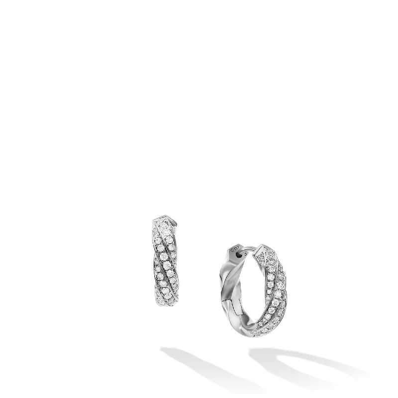 heart stud earrings for women-Cable Edge Huggie Hoop Earrings in Recycled Sterling Silver with Pave Diamonds