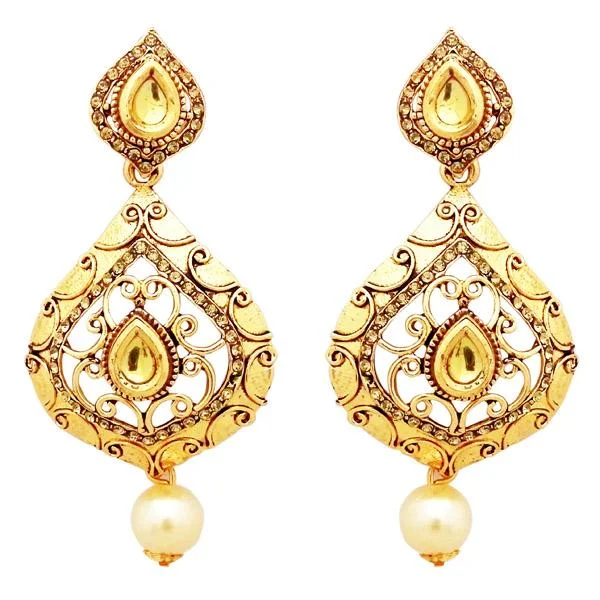 small stud earrings for women-Jheel Stone Gold Plated Pearl Drop Dangler Earrings - 2900230A