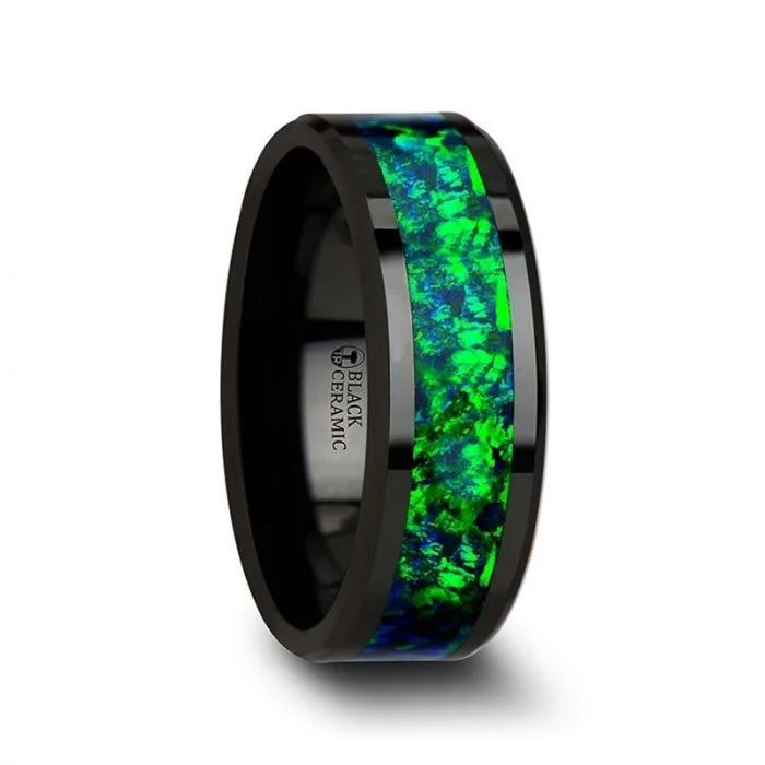 luxury engagement rings for women-PULSAR Black Ceramic Wedding Band with Beveled Edges and Emerald Green & Sapphire Blue Color Opal Inlay - 6mm or 8 mm