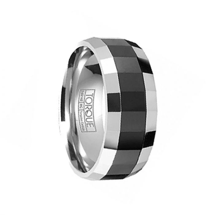 engagement ring sets for women-Tungsten Carbide Two-Toned Wedding Band with Polished Textured Black Ceramic Inlay - 8mm