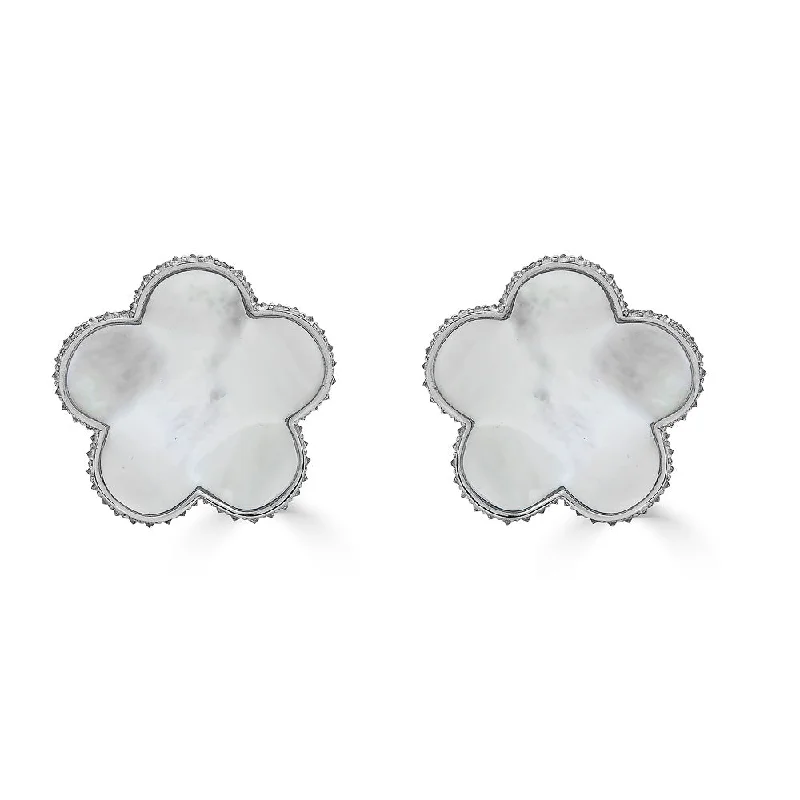 solid gold earrings for women-White Mother of Pearl & Diamond Small Cinque Flower Earrings