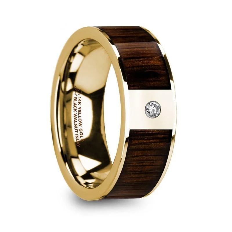 minimalistic engagement rings for women-PANTHERAS Polished 14k Yellow Gold Men’s Wedding Band with Black Walnut Inlay & Diamond - 8mm