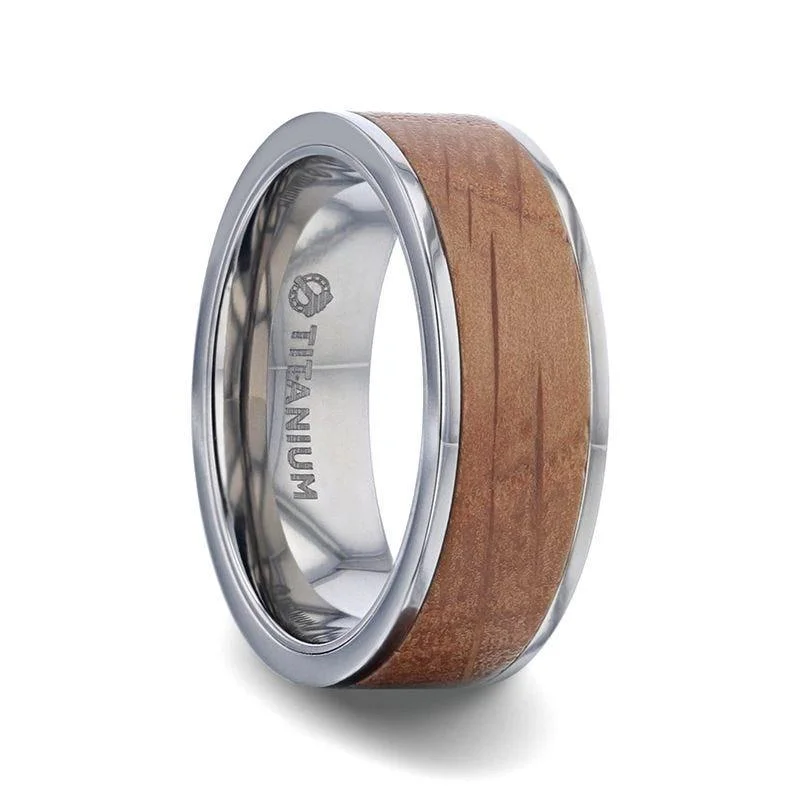 vintage-inspired engagement rings for women-STILL Whiskey Barrel Inlaid Titanium Men's Wedding Band With Flat Polished Edges Made From Genuine Whiskey Barrels - 8mm