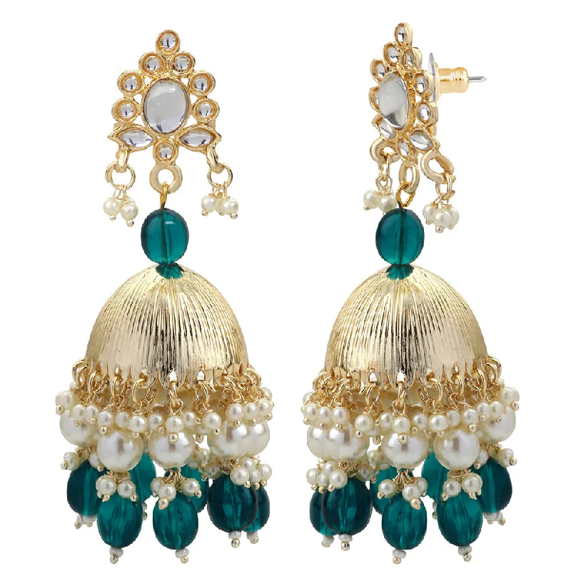 large gold earrings for women-Mahi Gold Plated Green and White Artificial Pearls Traditiol Indian Jhumka Earring for Women (ER1109813GGre)