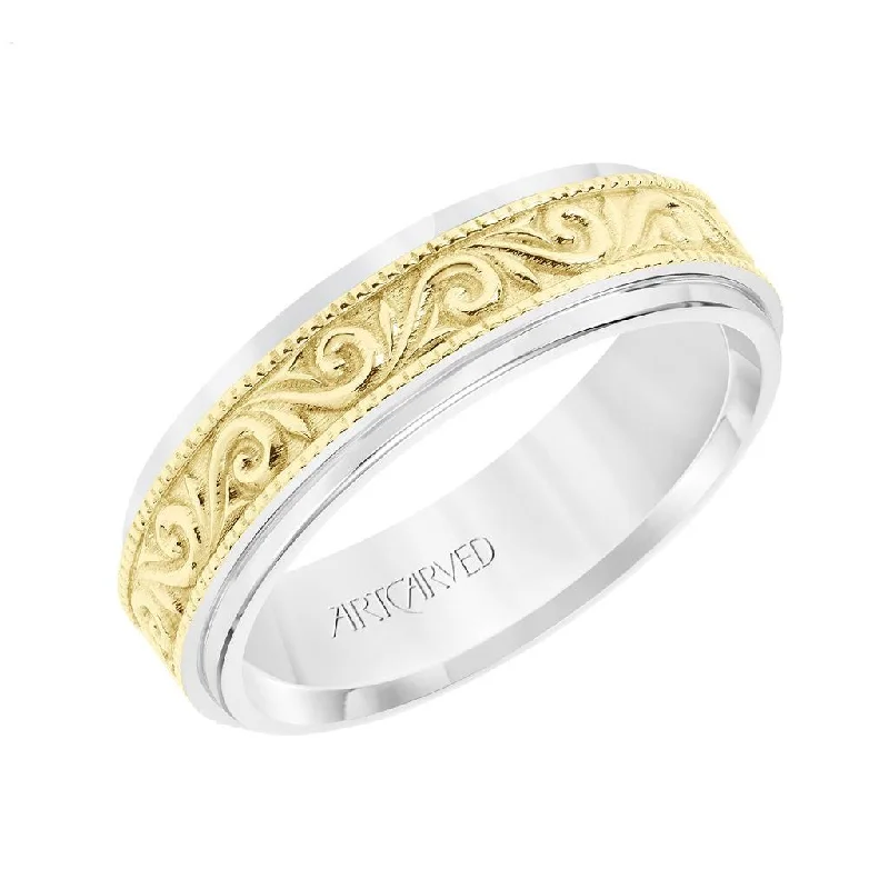 custom wedding rings for women-14k Two Toned White & Yellow Gold Wedding Band Raised Paisley Inlay Design Milgrain Detail Round Edges- 6.5 mm