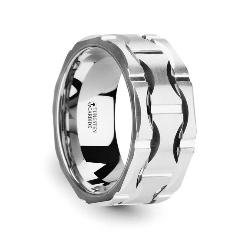 eternity engagement rings for women-KANYE Tungsten Carbide Wedding Band with Moon Grooves and Brushed Finish - 10mm