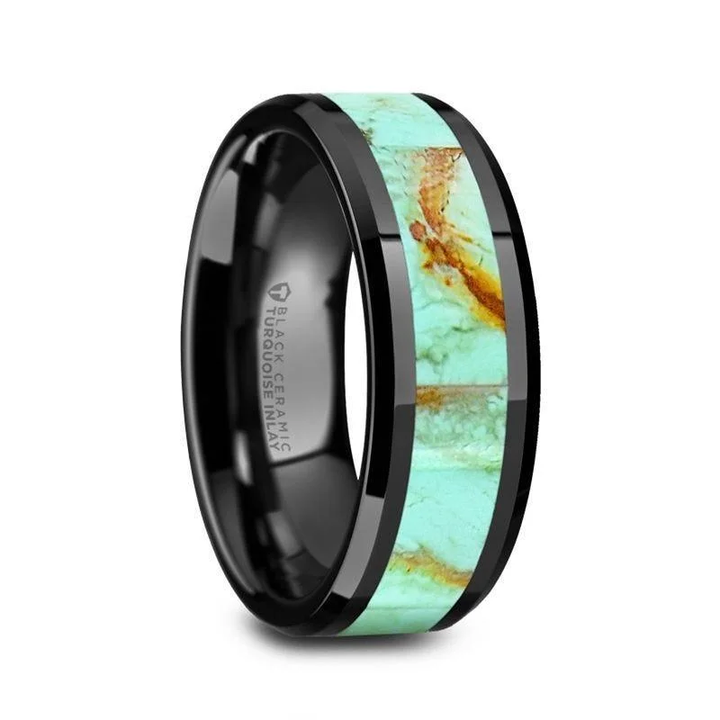 contemporary diamond engagement rings for women-PIETRO Men’s Polished Black Ceramic Wedding Band with Light Blue Turquoise Stone Inlay & Polished Beveled Edges - 8mm