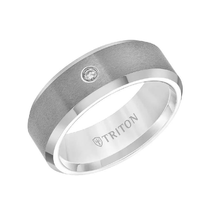 luxury halo engagement rings for women-PHILLIP Beveled Tungsten Carbide Wedding Band with Satin Finish and Solitaire Diamond Setting by Triton Rings - 8 mm