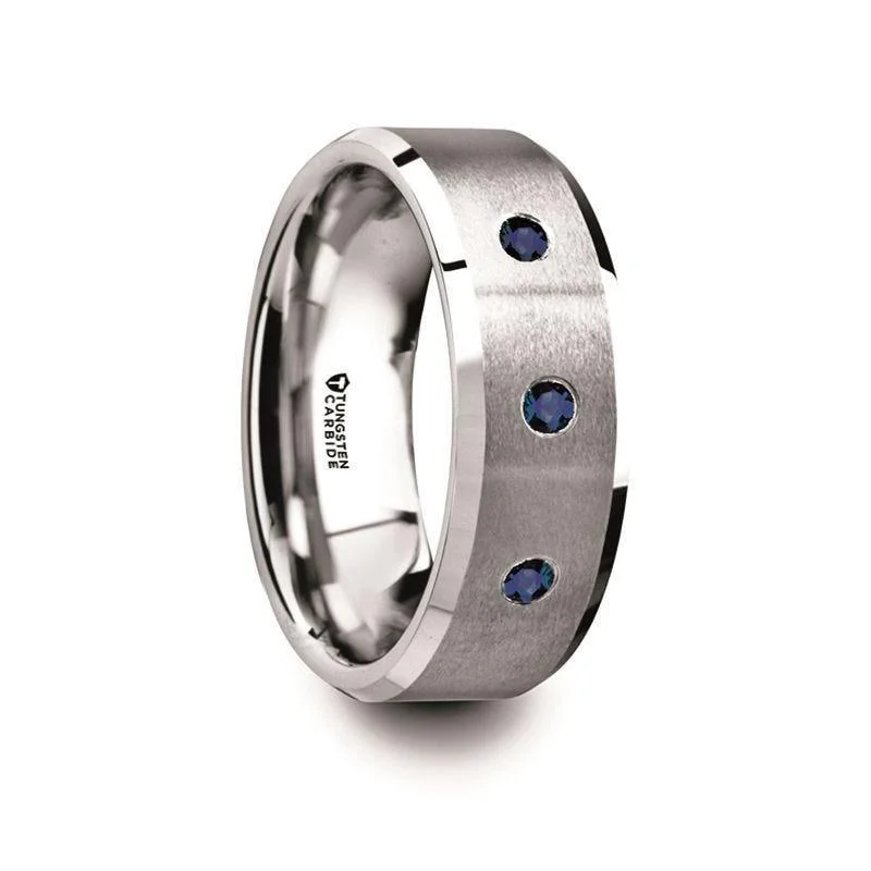 stackable diamond engagement rings for women-NAUTILUS Tungsten Satin Finished Center Polished Beveled Edges Men’s Wedding Band with 3 Blue Sapphires - 8mm