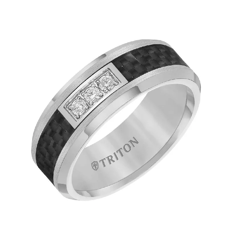 custom diamond engagement rings for women-RIDLEY  Beveled Tungsten Carbide Wedding Band with Black Carbon Fiber Inlay and Three Channel Set Diamonds by Triton Rings - 8 mm