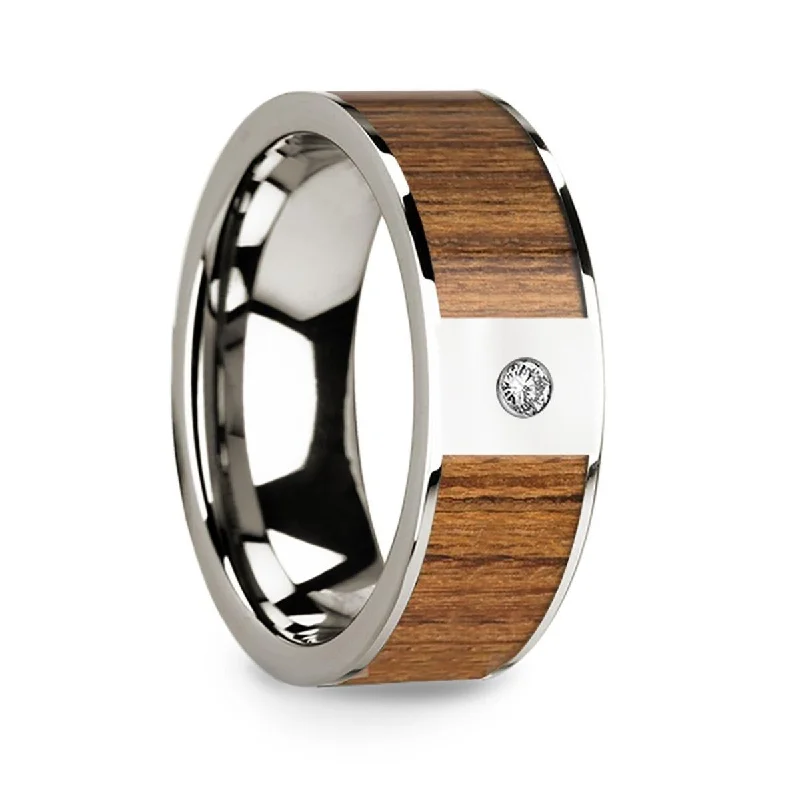 personalized engraving engagement rings for women-Men’s Polished 14k White Gold & Teak Wood Inlaid Wedding Band with Diamond - 8mm