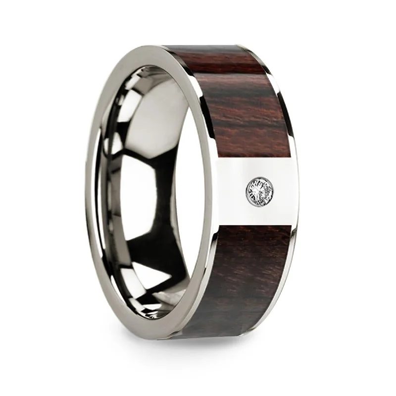 cushion halo engagement rings for women-Polished 14k White Gold Men’s Wedding Band with Bubinga Wood Inlay & Diamond - 8mm