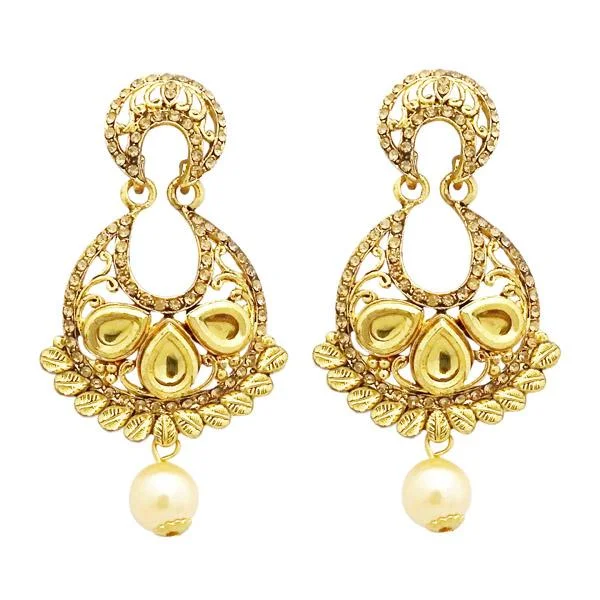 feather earrings for women-Jheel Austrian Stone Pearl Drop Dangler Earrings - 2900214A