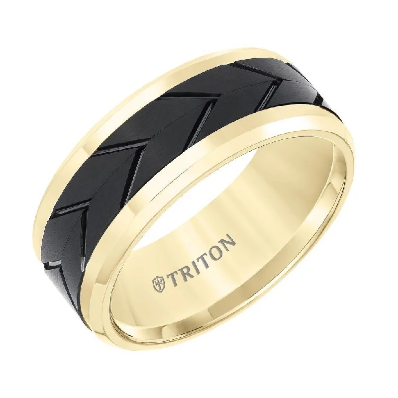 affordable gold engagement rings for women-STINGLESS Yellow Tungsten Two-Tone Polished Beveled Wedding Band with Engraved Tire Tread Center by Triton Rings - 9mm