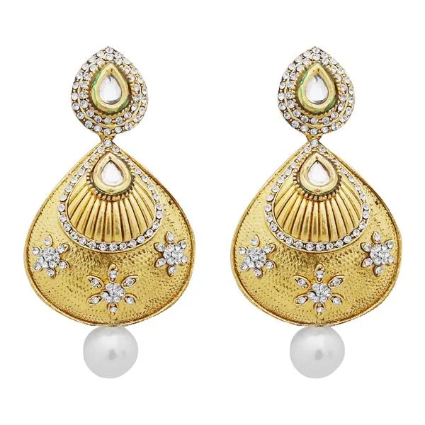 square earrings for women-Jheel Austrian Stone Gold Plated Pearl Drop Dangler Earrings - 2900248B