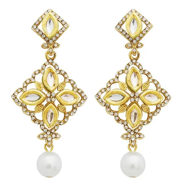 long earrings for women-Jheel Austrian Stone Gold Plated Pearl Drop Dangler Earrings - 2900239B