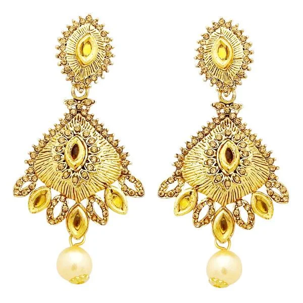 minimal earrings for women-Jheel Stone Gold Plated Pearl Drop Dangler Earrings - 2900235A