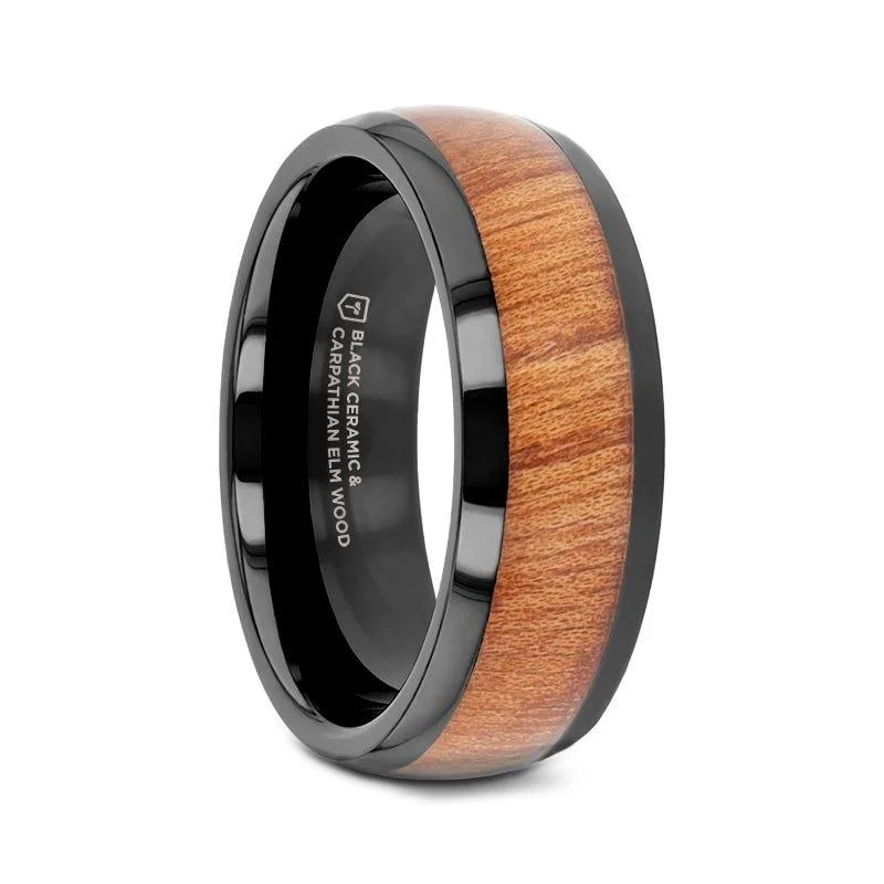 oval halo engagement rings for women-ODYSSEY Black Ceramic Wedding Band with Domed Polished Finish and Carpathian Elm Wood Inlay - 8mm