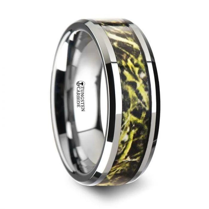 luxury wedding engagement rings for women-MOOR Tungsten Carbide Wedding Band with Green Marsh Camo Inlay - 8mm