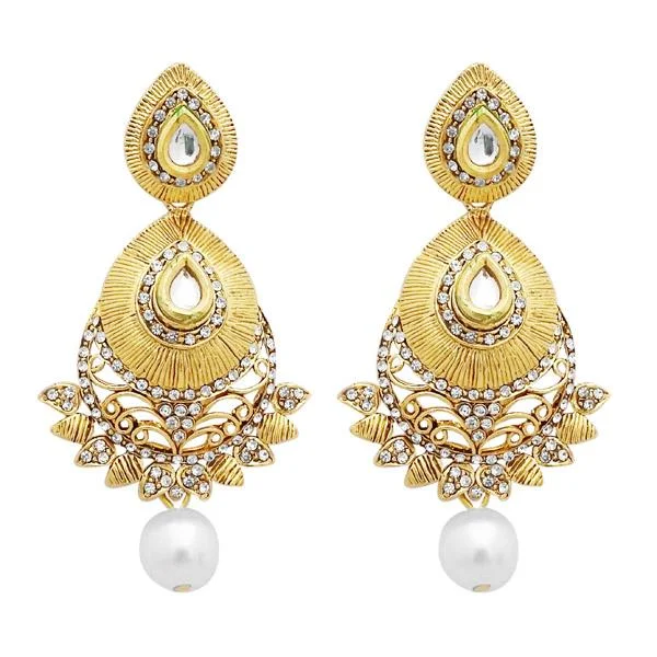 vintage earrings for women-Jheel Austrian Stone Gold Plated Pearl Drop Dangler Earrings - 2900243B