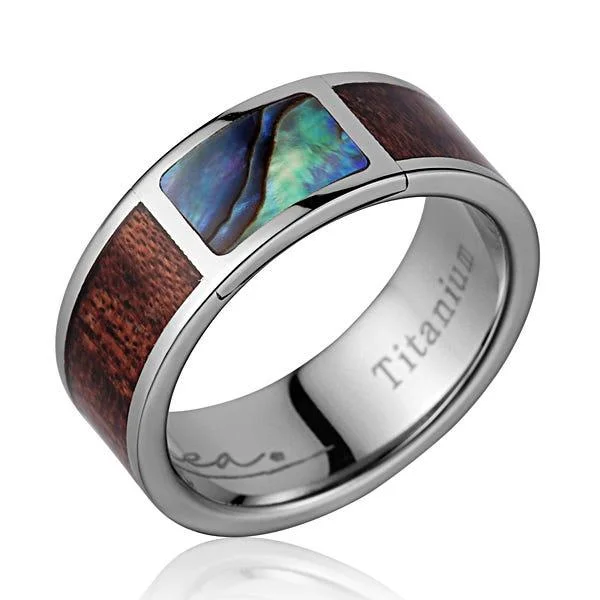 antique engagement rings for women-Titanium Wedding Band With Koa Wood/Abalone Inlay & Polished Edges - 8mm