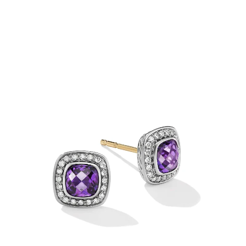 drop gemstone earrings for women-Petite Albion Stud Earrings in Sterling Silver with Amethyst and Pave Diamonds