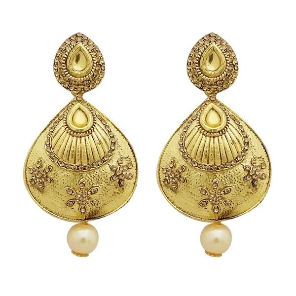 long drop earrings for women-Jheel Austrian Stone Gold Plated Pearl Drop Dangler Earrings - 2900248A