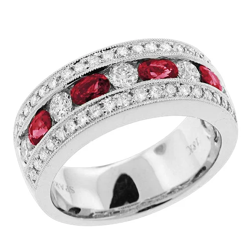 simple engagement rings for women-Ruby & Pave Diamond Channel Set Wedding Band Stackable Ring 18K