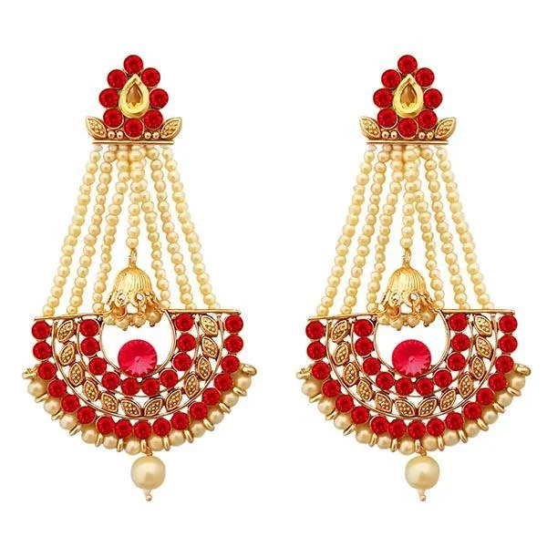 contemporary earrings for women-Kriaa Red Austrian Stone Gold Plated Pearl Dangler Earrings - 1312948A