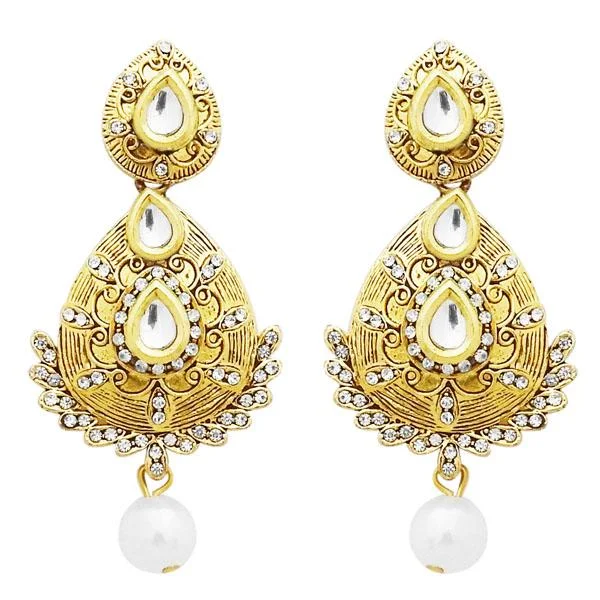 star earrings for women-Jheel Austrian Stone Gold Plated Pearl Drop Dangler Earrings - 2900242B