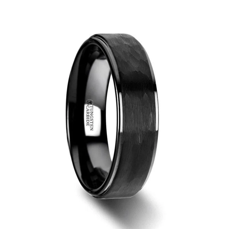 engraved engagement rings for women-REBEL Raised Hammer Finish Step Edge Black Tungsten Carbide Wedding Band with Brushed Finish - 6mm or 8mm