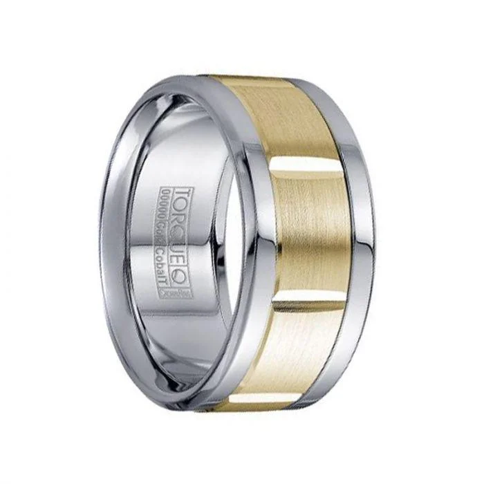 affordable gold engagement rings for women-Extra Wide White Cobalt Men’s Wedding Band with 14k Yellow Gold Grooved Inlay - 10.5mm