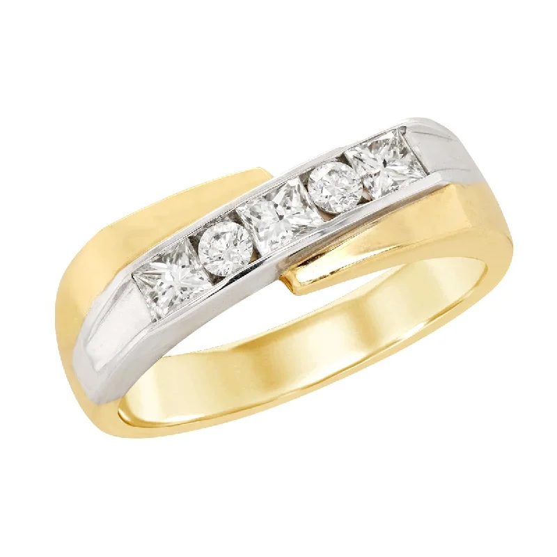 custom diamond engagement rings for women-MEN'S TWO-TONE WEDDING BAND WITH PRINCESS AND ROUND CUT DIAMONDS, .90 CT TW