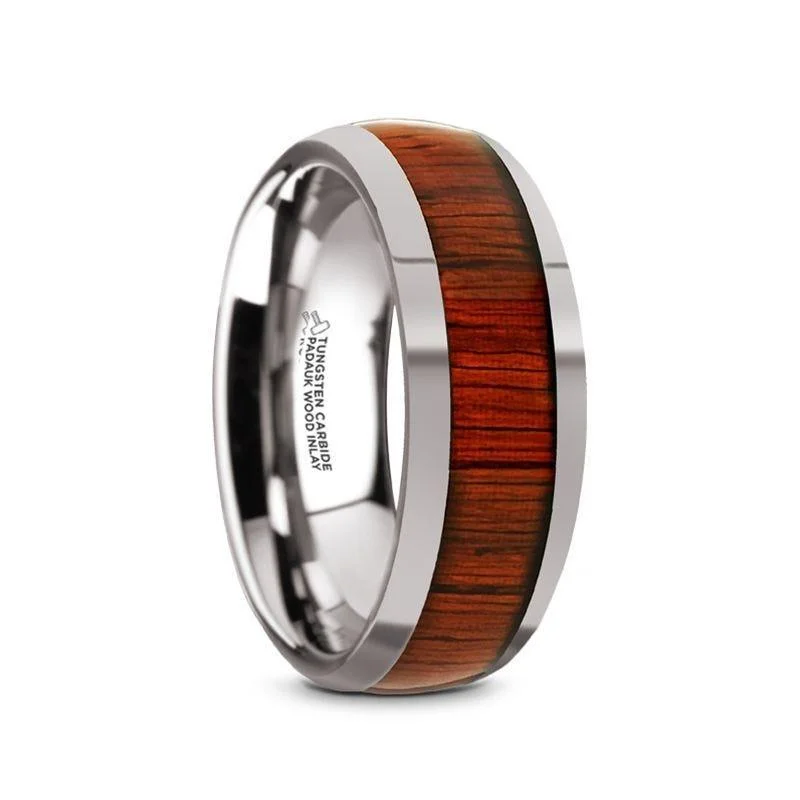 cushion halo engagement rings for women-MUKWA Tungsten Carbide Polished Finish Men’s Domed Wedding Band with Padauk Wood Inlay - 8mm