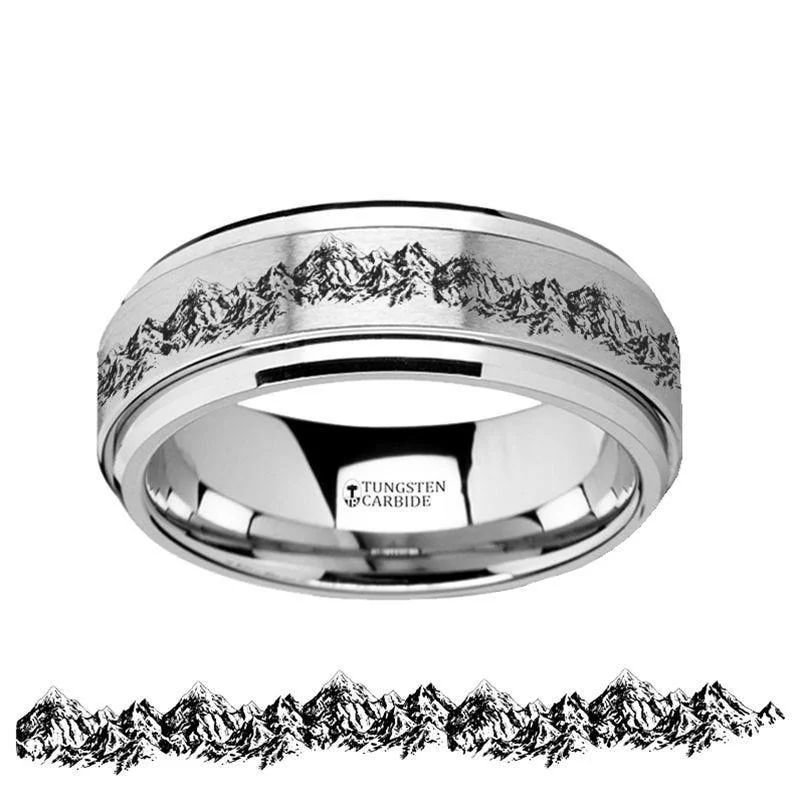 luxury wedding engagement rings for women-Spinning Engraved Mountain Range Tungsten Carbide Spinner Wedding Band - 8mm