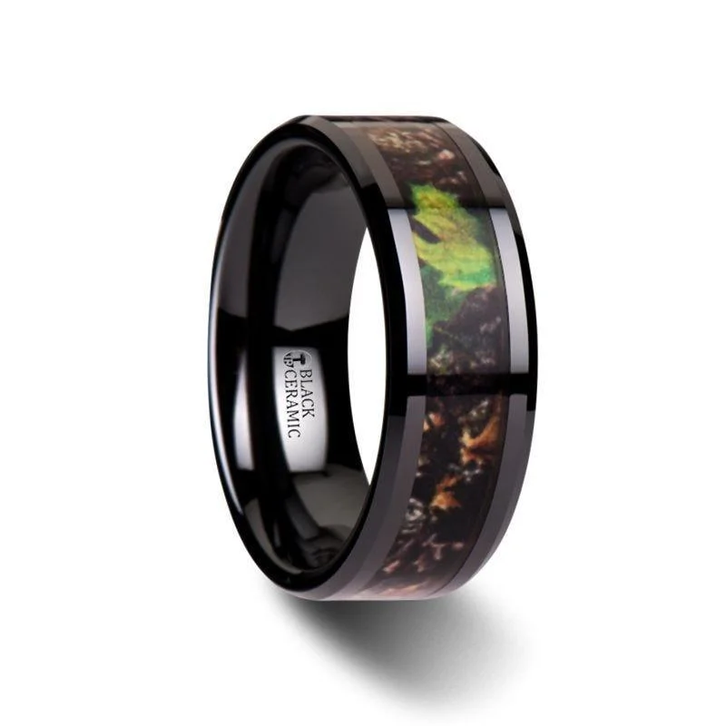 radiant cut engagement rings for women-NIGHTFALL Realistic Tree Camo Black Ceramic Wedding Band with Green Leaves - 8mm