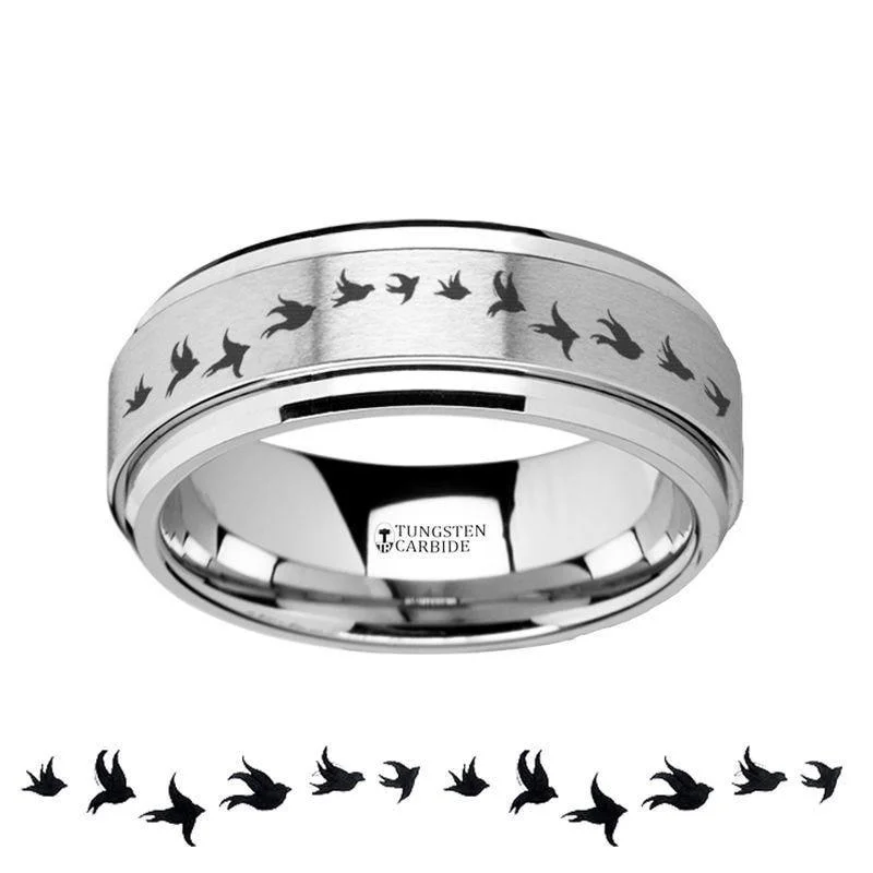 diamond three-stone engagement rings for women-Spinning Engraved Flying Birds Tungsten Carbide Spinner Wedding Band - 8mm