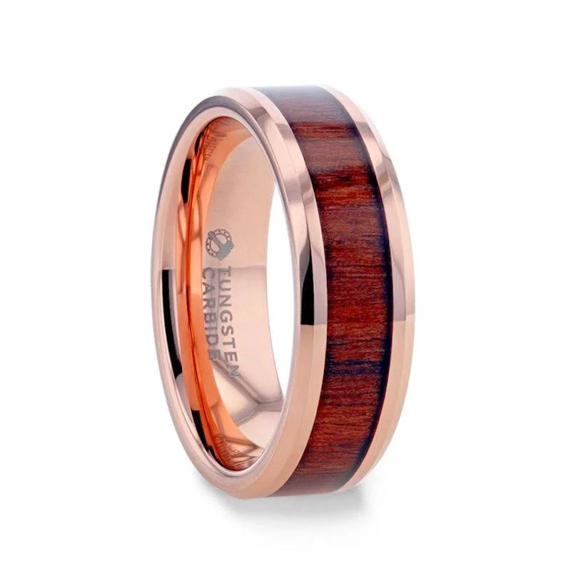 simple engagement rings for women-DYLAN Rose Gold Plated Koa Wood Inlaid Tungsten Men's Wedding Band With Beveled Polished Edges - 8mm