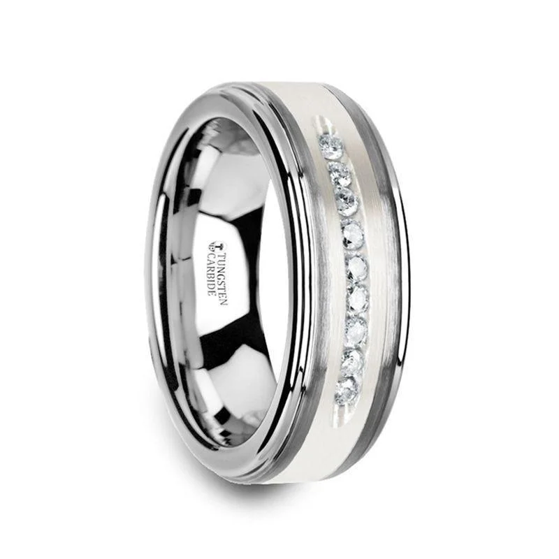 halo engagement rings for women-HARPER Tungsten Wedding Band with Raised Center & Brushed Silver Inlay and 9 Channel Set White Diamonds - 8mm