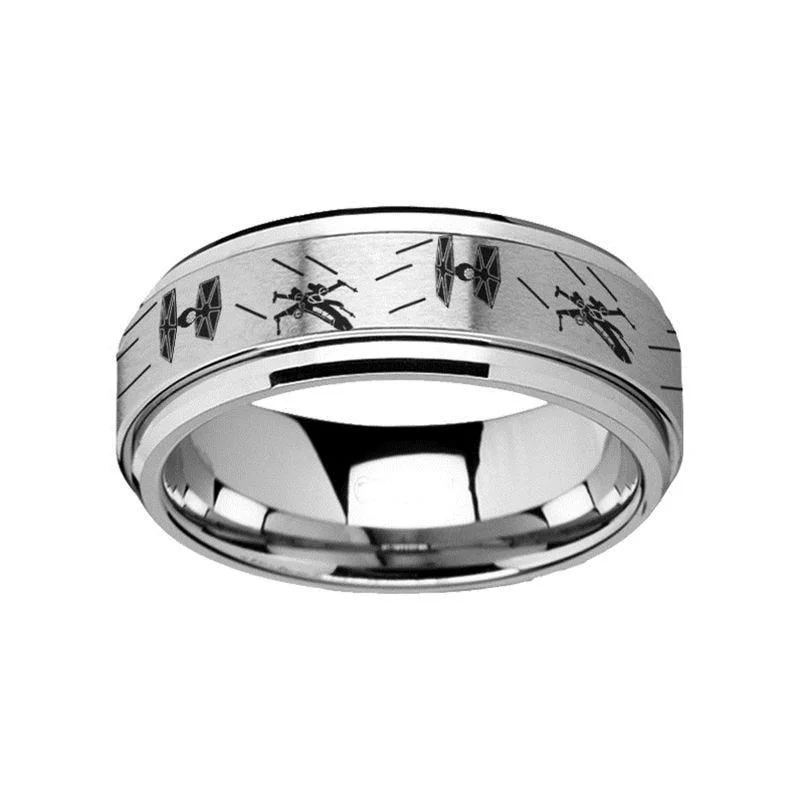 simple engagement rings for women-Spinning Engraved Tie Fighter X-Wing Design Tungsten Carbide Spinner Wedding Band - 8mm