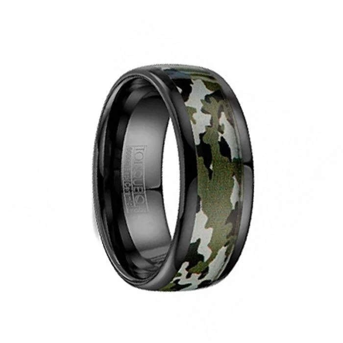 emerald cut engagement rings for women-Black Ceramic Wedding Band Camo Pattern Inlay with Polished Edges - 8mm