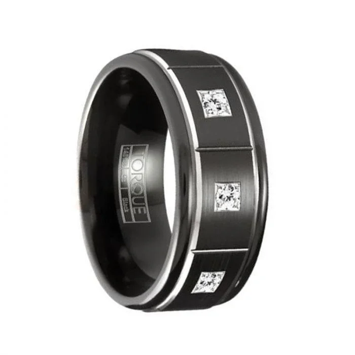 twisted band engagement rings for women-RAIDEN Torque Black Cobalt Brushed Wedding Band Center Dual Grooves with Diamond Accents Round Edges - 9 mm