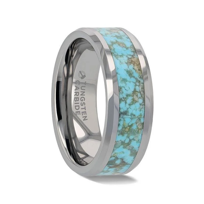 floral engagement rings for women-TURCHESE Light Turquoise Spider Web Inlay Tungsten Men's Wedding Band With Beveled Edges - 8mm